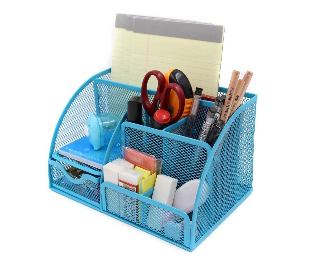 Office Supplies Mesh Desk Organizer Desktop Pencil Holder Accessories Caddy with Drawer, 7 Compartments, Blue