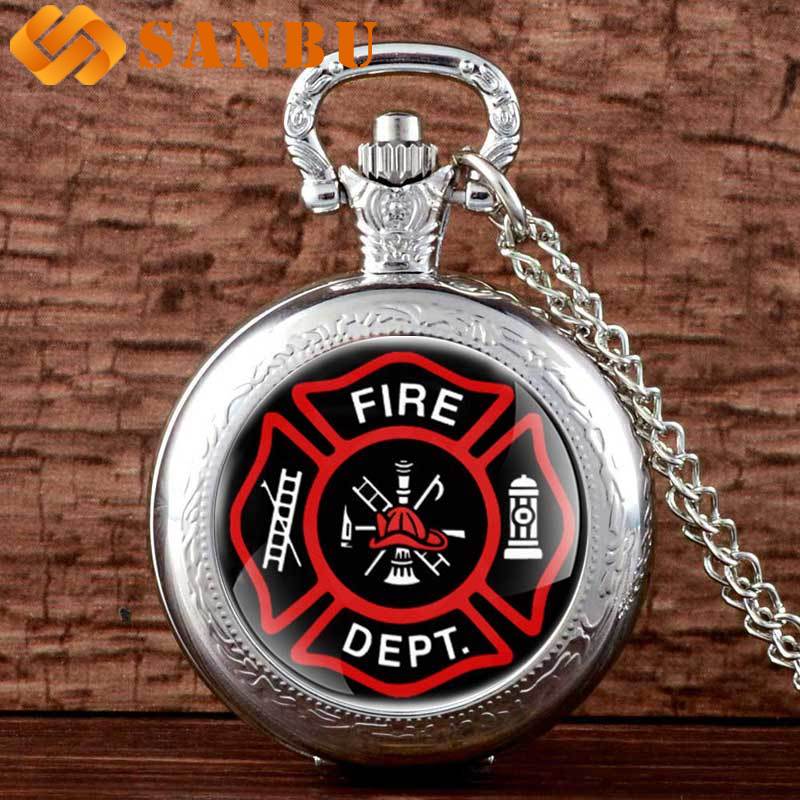 Vintage amerikanske brandmænd kontrol glas cabochon kvarts lommeur sort halskæde vedhæng ure: Sølv