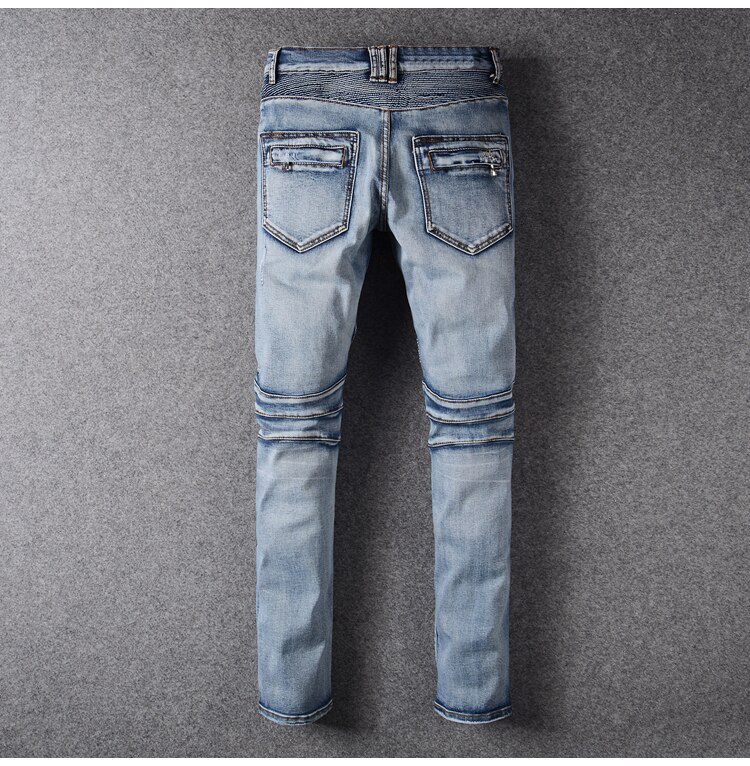 Men&#39;s slim fit classic blue biker jeans for moto Casual plus size denim cargo pants ripped jeans for man trousers