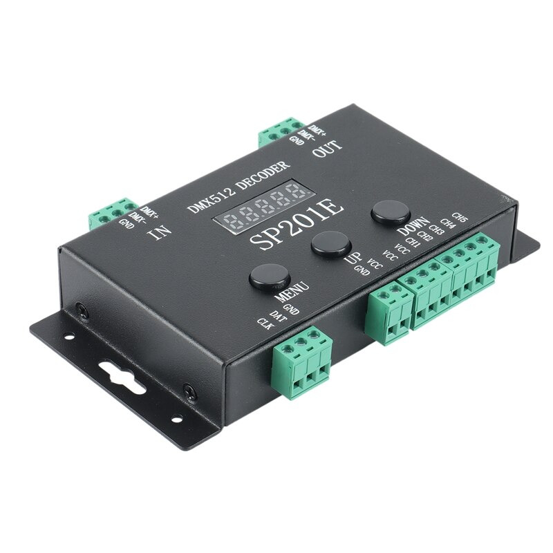 Sp201e rgb-led-pixel-streifen-controller mit dmx- 512- decoder, unterstützt 3072 kanäle und ist mit einer vielzahl von ics kompatibel.