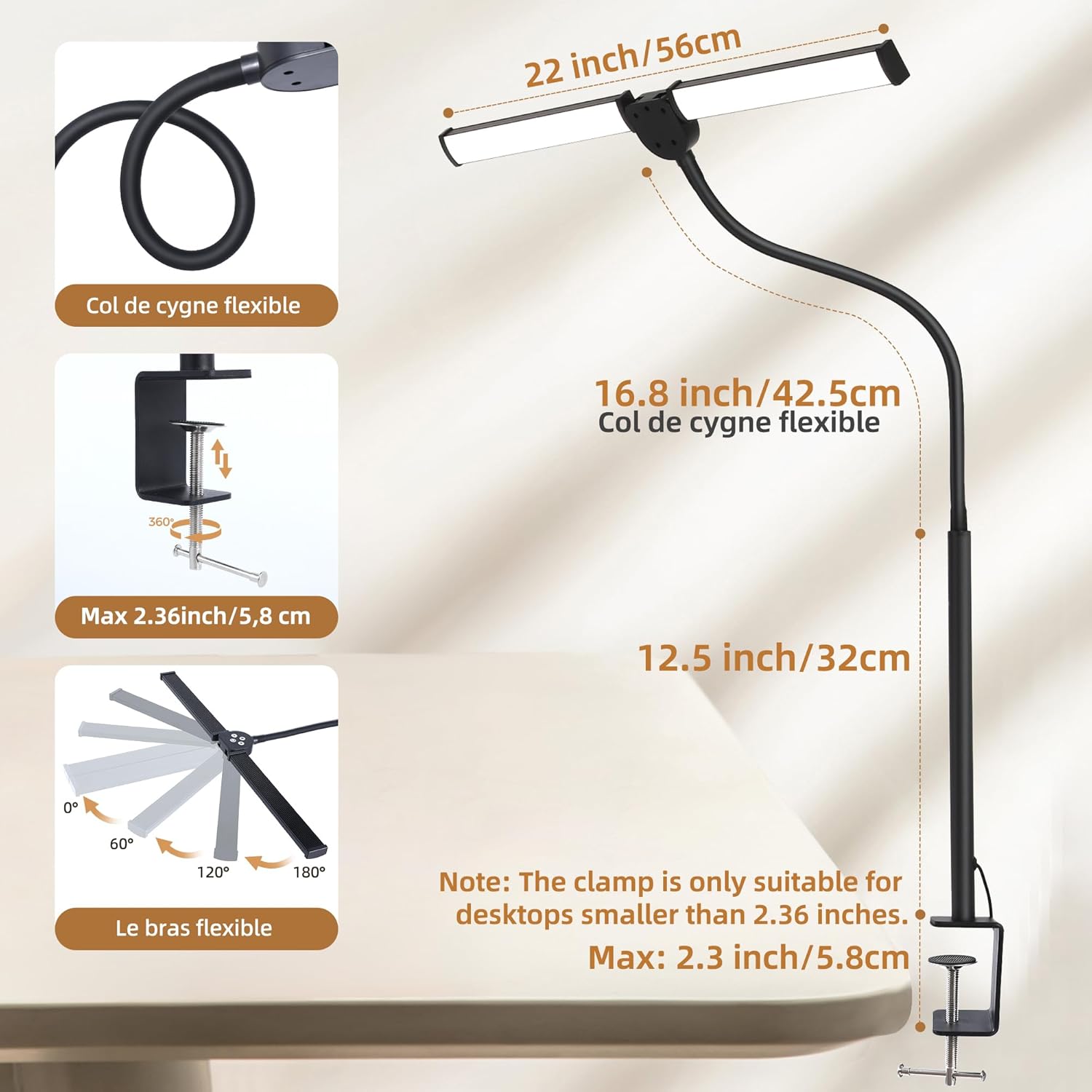 LED-Schreibtischlampe für das Heimbüro, Augenpflege-Architektlicht mit Klemme, verstellbarer flexibler Schwanenhals, 25 Beleuchtungsmodelle