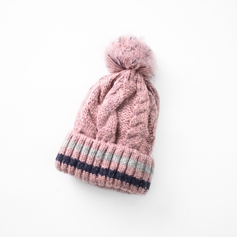 Winter warm Korean Hats for women striped woolen hat thickening plus pompon ball cap outdoor hemp pattern knitted hat: Pink