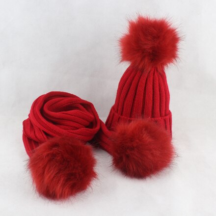 HEALCOLD Jungen Mädchen Hütte Schal einstellen freundlicher Pelz Bommel Mützen Schal Winter Schal Hütte Für freundlicher: Wein rot Fell