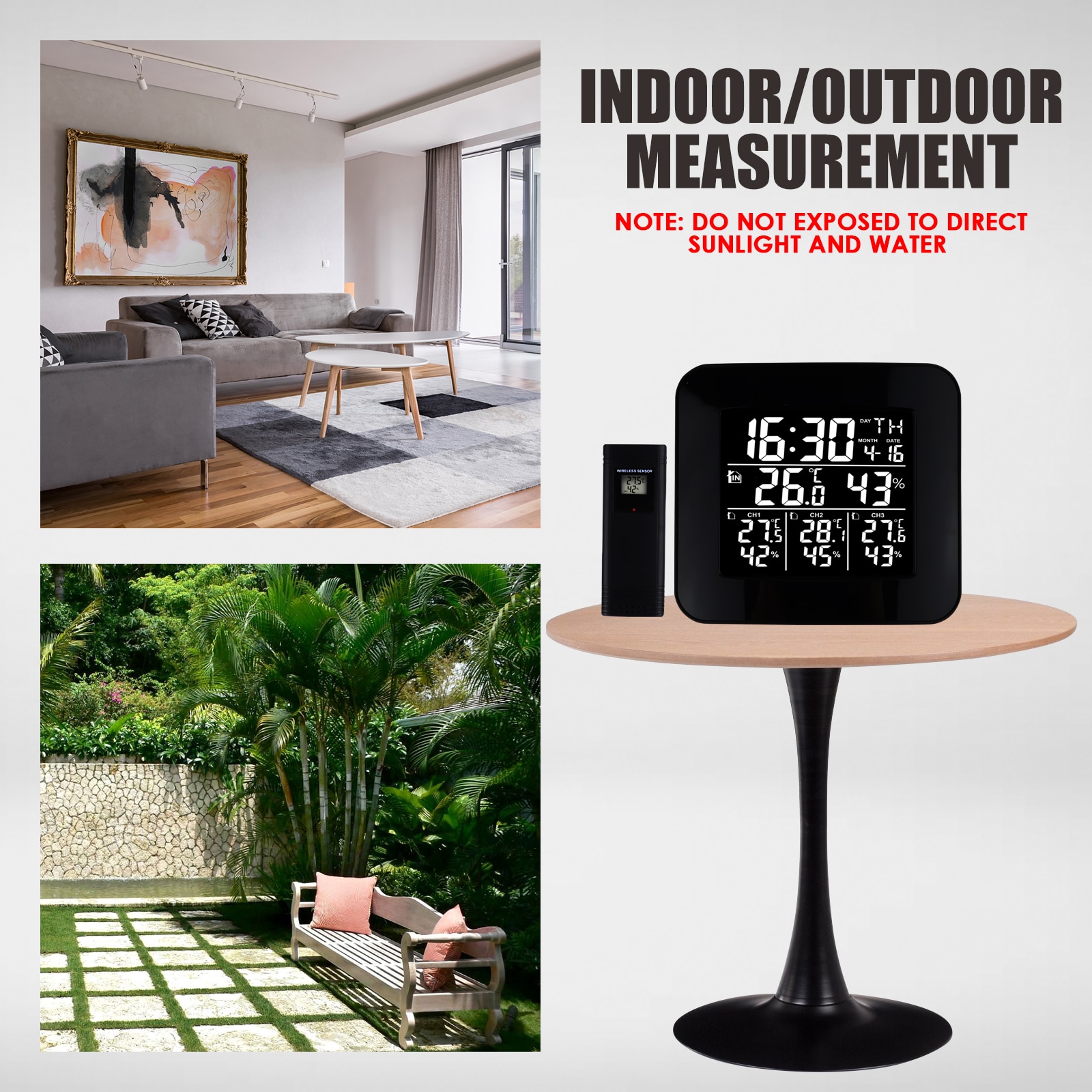 Digital Wireless Weather Station Indoor Outdoor Temperature &amp; Humidity Measurement with 3 Sensors, °C/°F Black LED Light Display