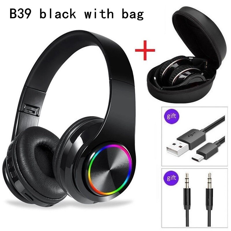 SHOUMI B39 Wireless Headphones - Bluetooth 5.0 Noise Cancelling - LED Light - TF Card Support: B39 black with bag