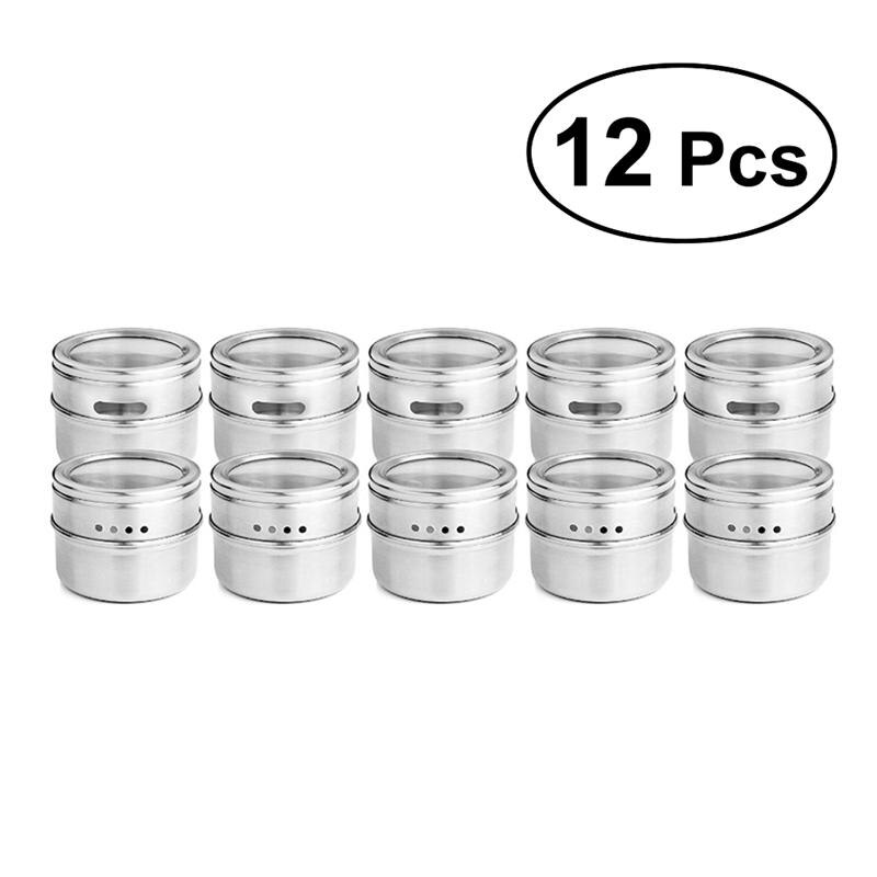 12Pcs Multi-Purpose Spice Storage Tins Stainless Steel Magnetic Clear Top Lid with Sift or Pour Magnetic on Refrigerator & Grill: Smooth Surface