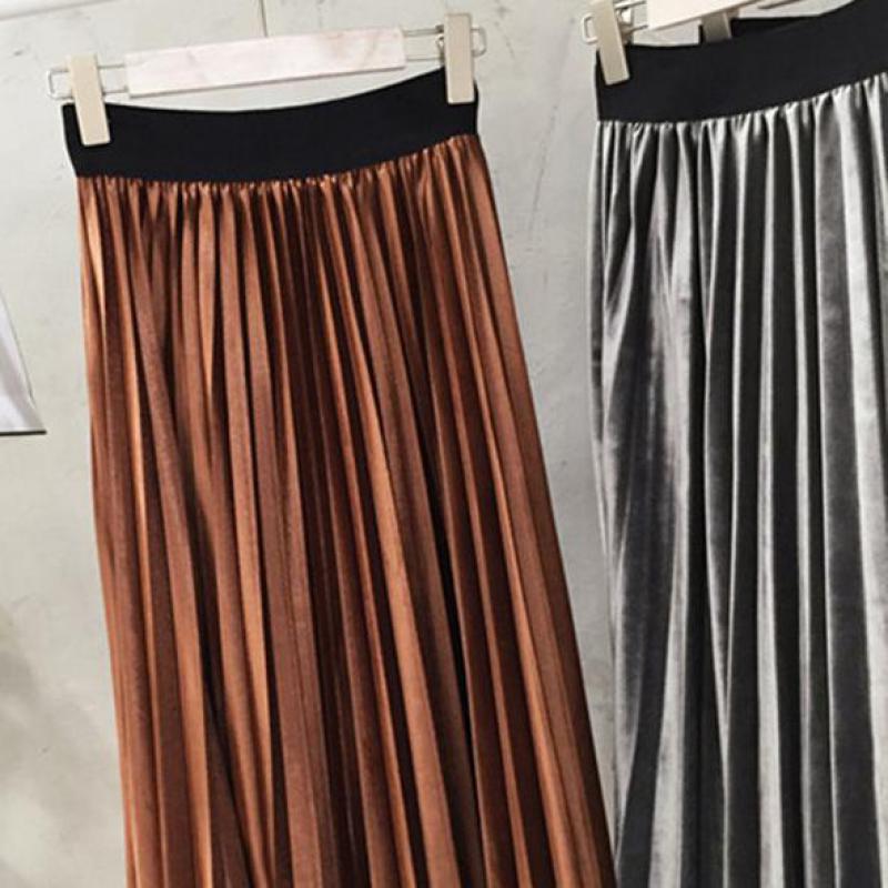 Danjeaner våren kvinnor lång metallic silver maxi plisserad kjol midikjol hög midja elascity casual partykjol vintage