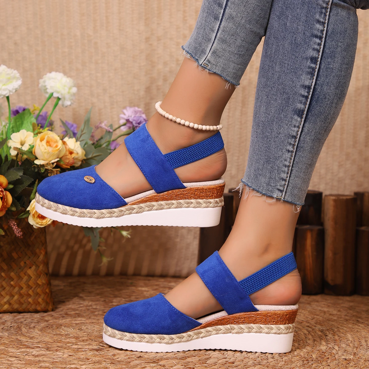 Sandales à l'offre elles compensées pour femmes, chaussures de gladiateur, Espadrilles à plateforme, Fermées, Été: Bleu / 42