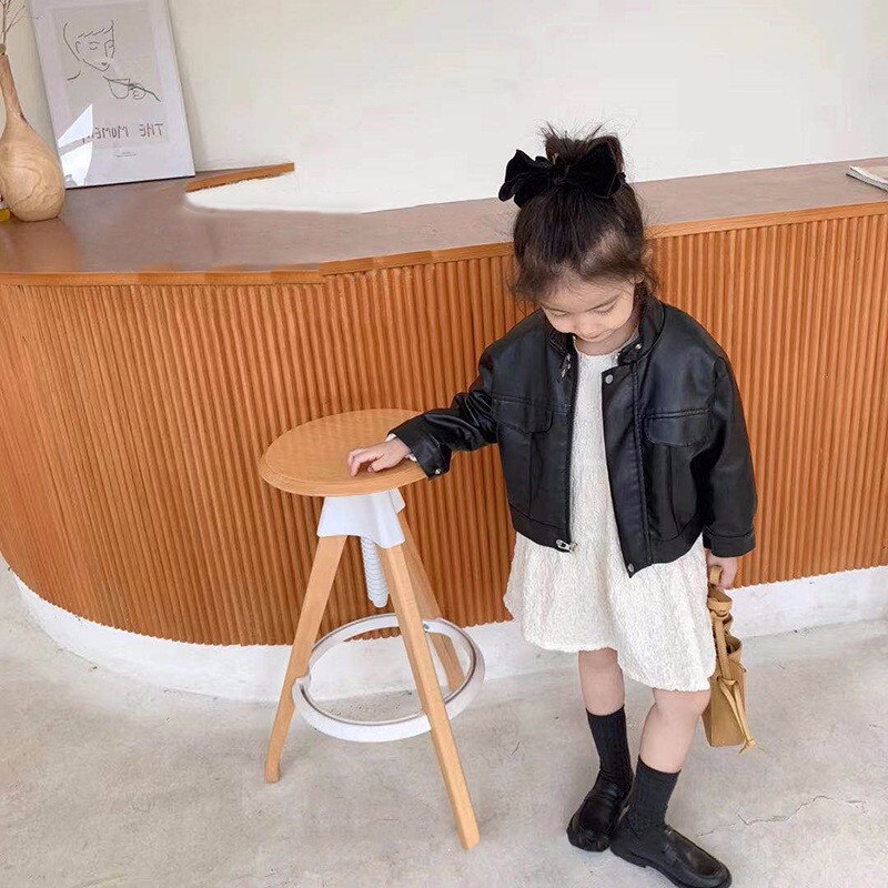 Baby Girls Leather Jacket Autumn Children's Stand-up Collar Motorcycle Clothing for Kids Black Outwear Coat 1-7Y