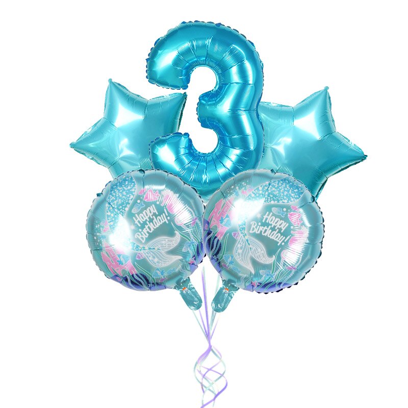 5Pcs Mermaid Theme Party Foil Balloons Little Mermaid Balloon Kids Birthday Party Decorations Mermaid Baby Shower Supplies: Number3 set