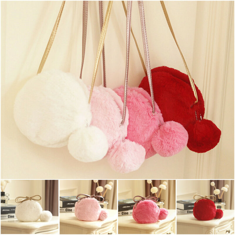 Cute Faux Fur Girls small Crossbody for kid babg girl Cute Furry Ball Handbag Wallet Purse Shoulder Bag Solid pink black