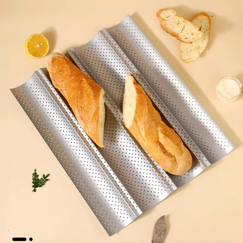 Bakplåt i franskt bröd, non-stick-beläggning, kolstål, perforerad baguetteplåt, 3/4 -vågsbröd, bakform, bakplåt, bakverktyg