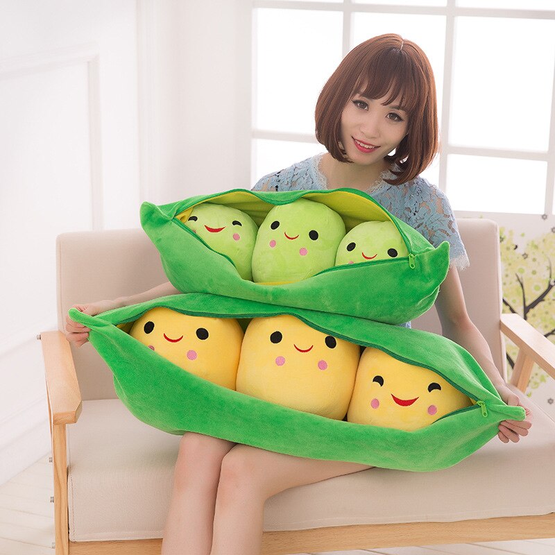 Joli sac de haricot en peluche en forme de gousse de pois avec 3 haricots souriants oreiller doux décoration de la maison FP8