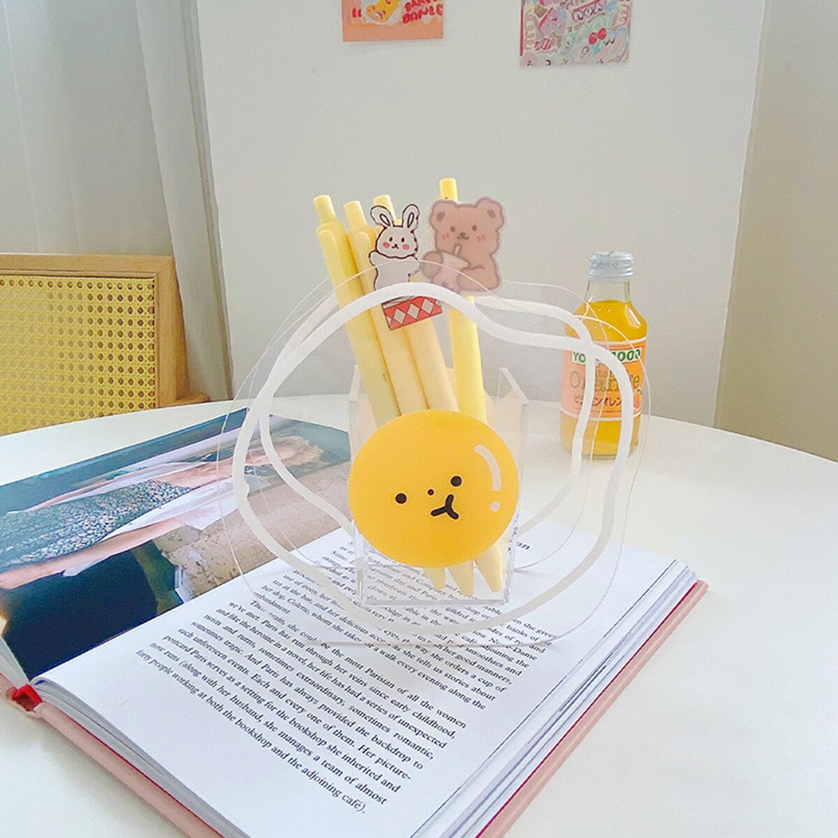 Kawaii Acrylic Pen Holder Desktop Organizer Cute Bear Flower Office Stationery Cosmetics Transparent Storage Box: 3