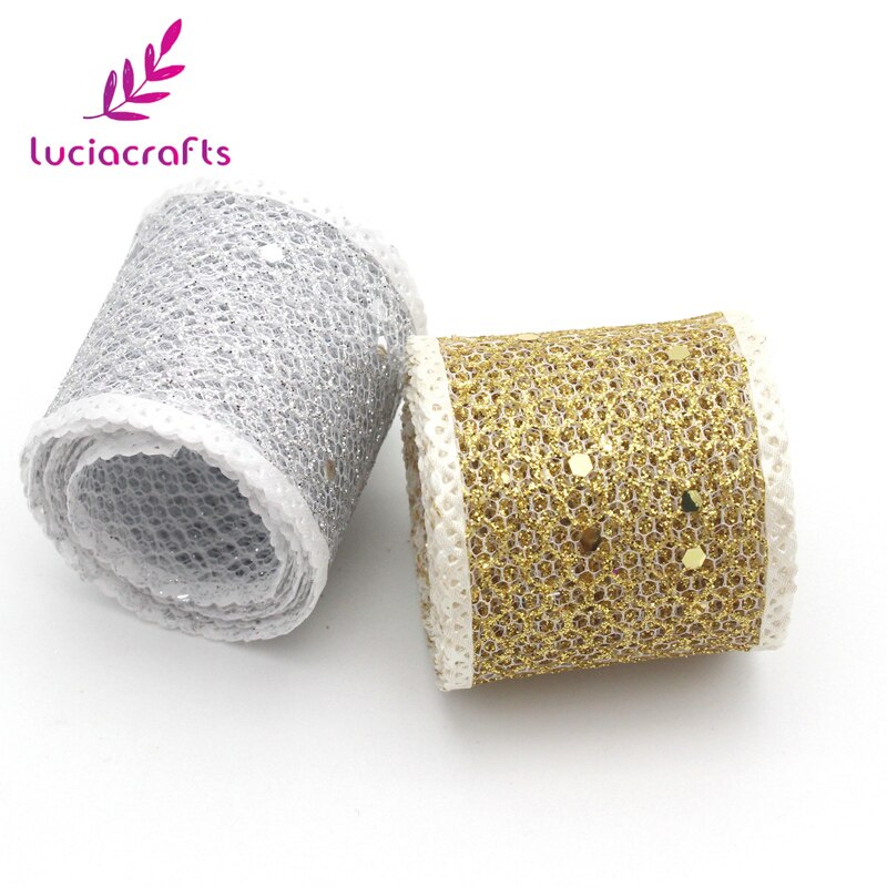 Lucia ambachten 40mm 4y/lot Zilver Goud Glitter Mesh Organza Lint Voor Verpakking Bruidstaart Decoratie DIY craft P0601