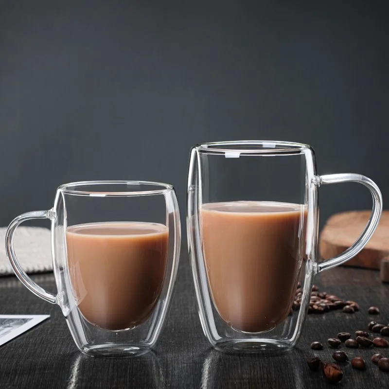 Dubbelwandige glazen beker koffiekopje koffiewaren mok transparante muur hoge borosilicaat waterbekers hittebestendig handvat espressokopje