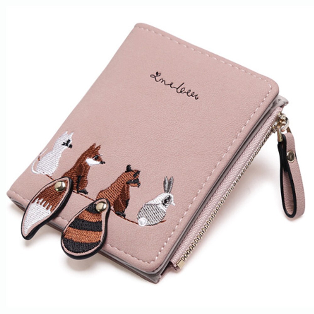 Damesportemonnee met schattige cartoondieren, kort leren damesportemonnee met rits, kaarthouder voor meisjes: Roze