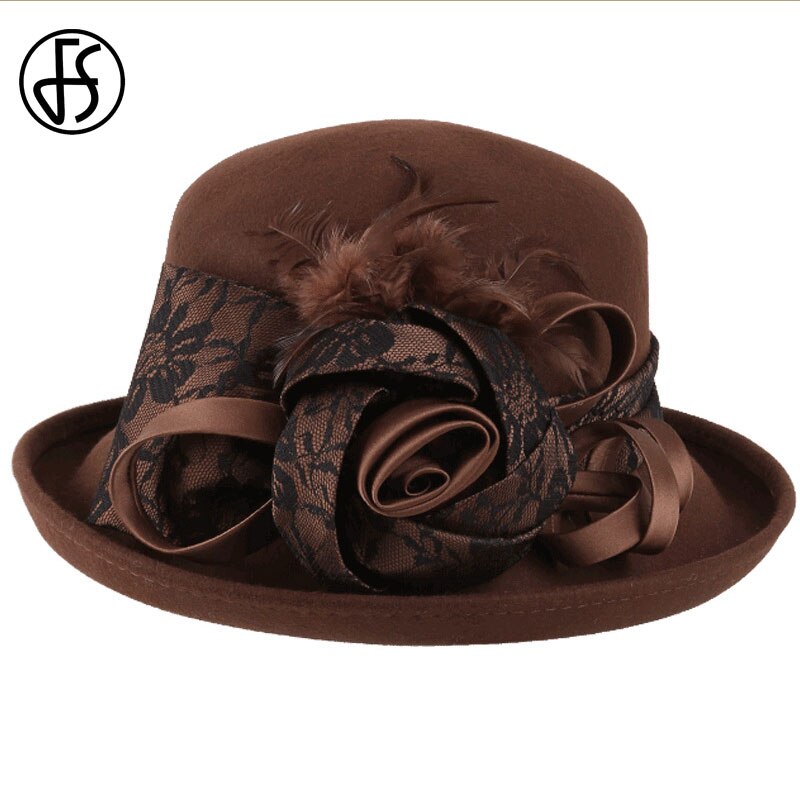Fs vintage svart ull cloche hattar bred brättad fedora hatt för kvinnor blomma röd brun filt vinter bowlerkeps chapeau feutre femme