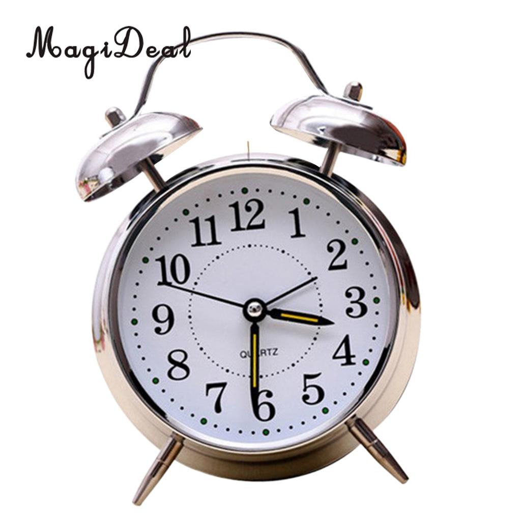 4'' Vintage Silent Alarm Clock Loud Twin Bell Mute Alarm Clock Quartz Analog Retro Bedside and Desk Clock with Nightlight