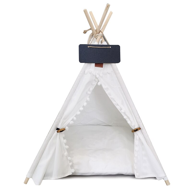 Kæledyr kat hund tipi med pude og tavle, bærbare hundetelte og kæledyrshuse, trælærred tipi fold kæledyr telt små dyr seng: Hvid (lærred) / 5-- sidet