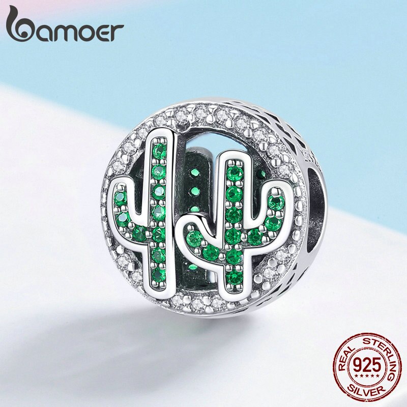 BAMOER Trendy New 925 Sterling Silver Pianta di Cactus Verde CZ Zircone Cubico Pendenti e Ciondoli Branelli Misura I Braccialetti Monili Che Fanno SCC918