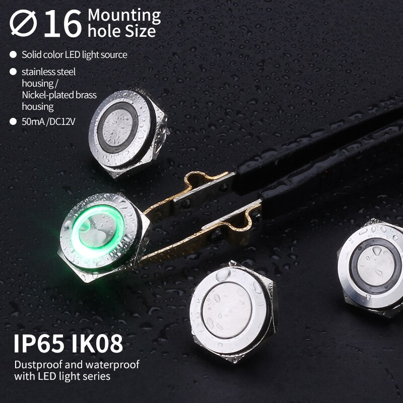 type IP65 waterproof Stainless Steel 16mm 24 volt ring led push button switch