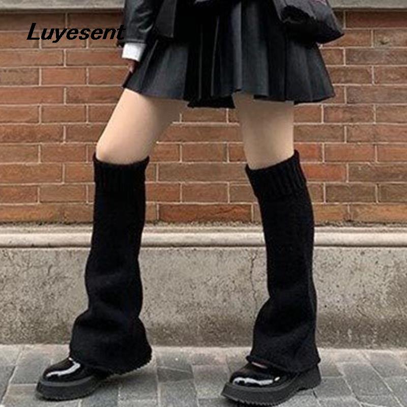 Calentadores de piernas góticos para mujer, calentadores de piernas básicos de punto cálido, color negro y Beige, ropa de invierno para chica Y2k, calentadores de piernas Hipster, dulce cubierta de pie larga Harajuku