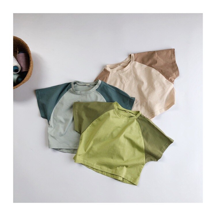 T-shirt à manches courtes pour enfants été coréen garçons et filles Raglan couleur col rond chemise