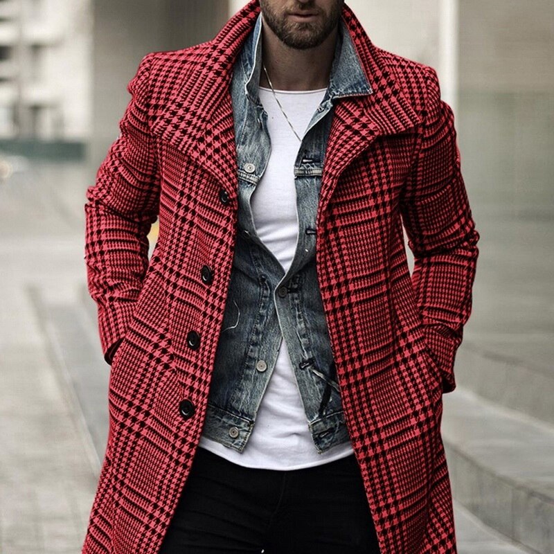 Trench-Coat Long à manches longues pour homme, manteau à carreaux, col à revers, pardessus , automne et hiver,