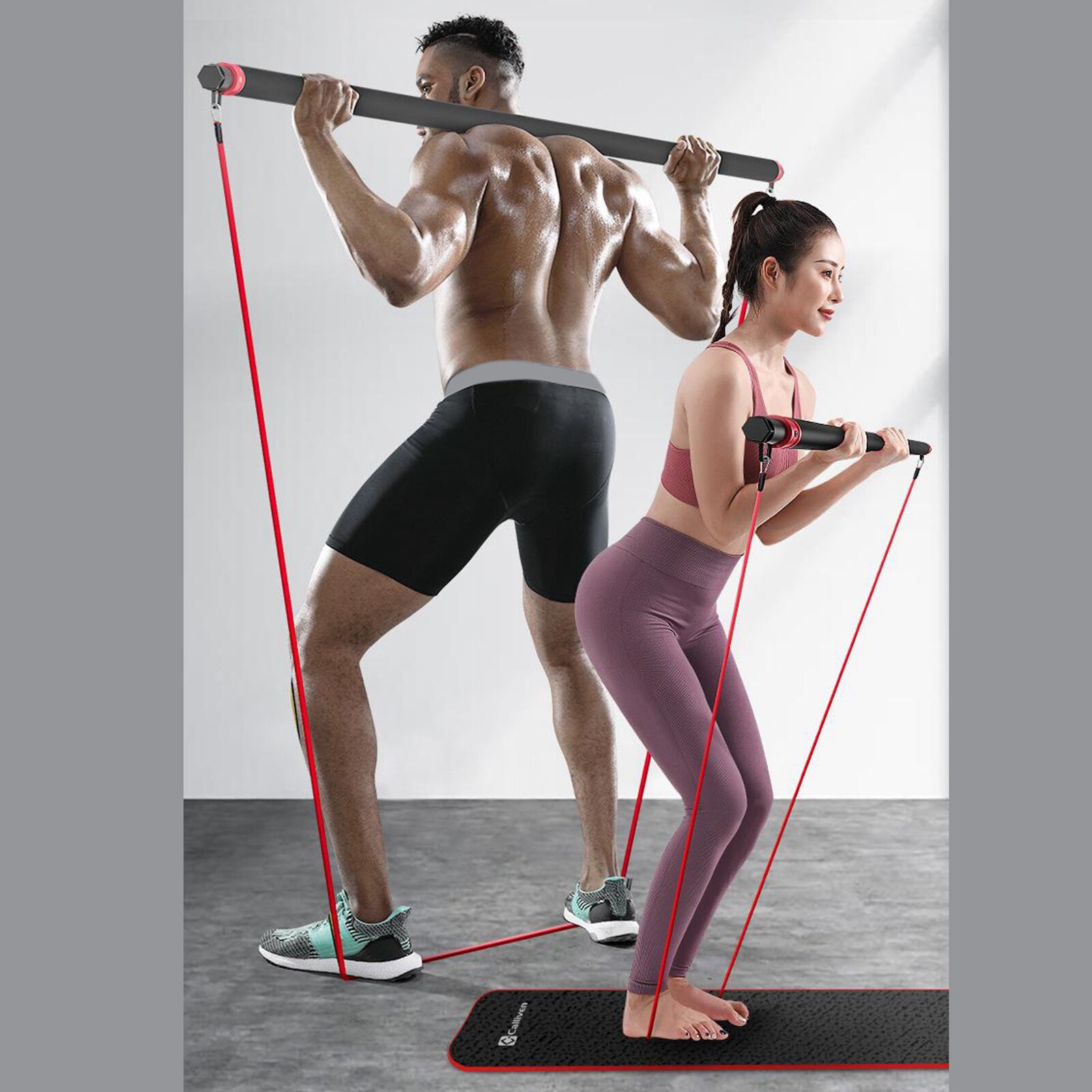 Pilates Bar Adjustable Resistance Bands W/ Foam Handle Door Anchor