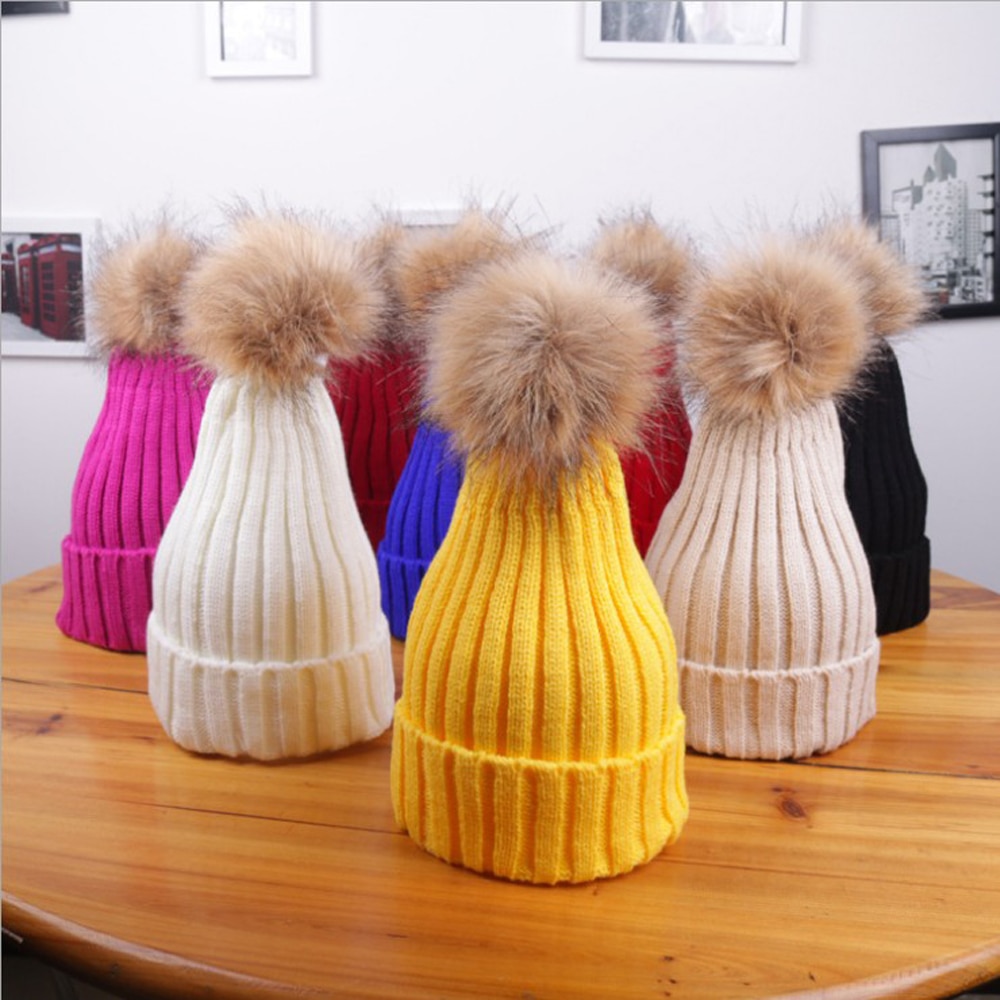 Mom Baby Pompon Hat Winter Beanie Cap Baby Bonnet Mom Kids Hats Knitted Pompon Ball Headwear BP07