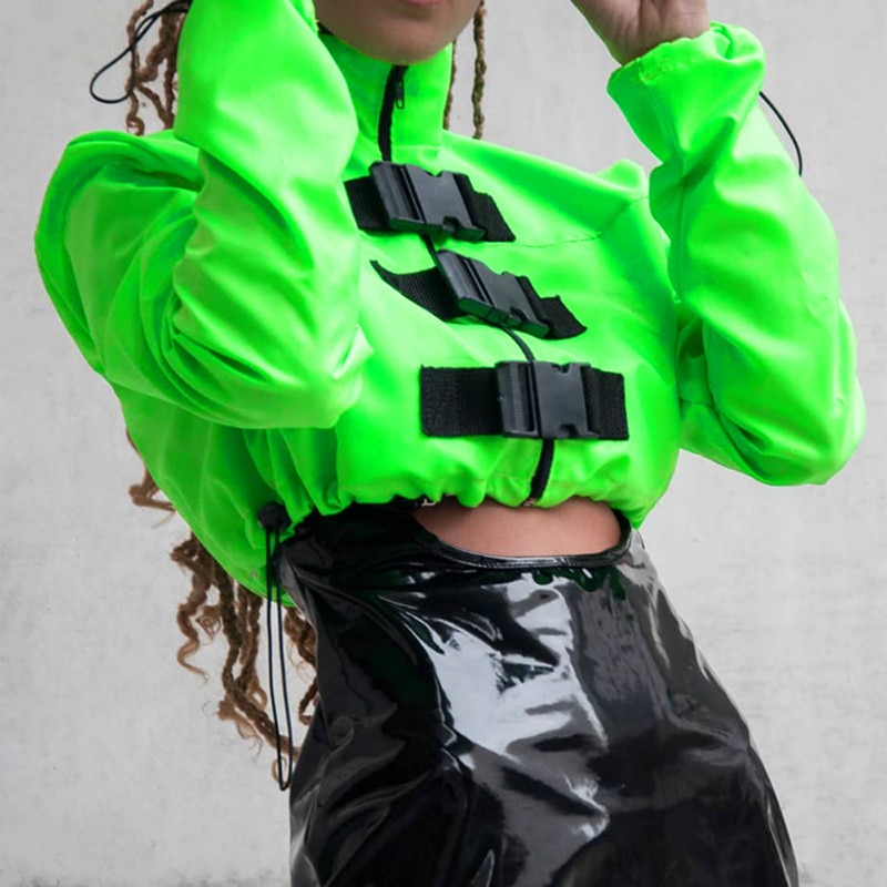 Neon Groene Vrouwen Korte Jas Rits Gesp Casual Windjack Lange Mouwen Elastische Trekkoord Jas Streetwear