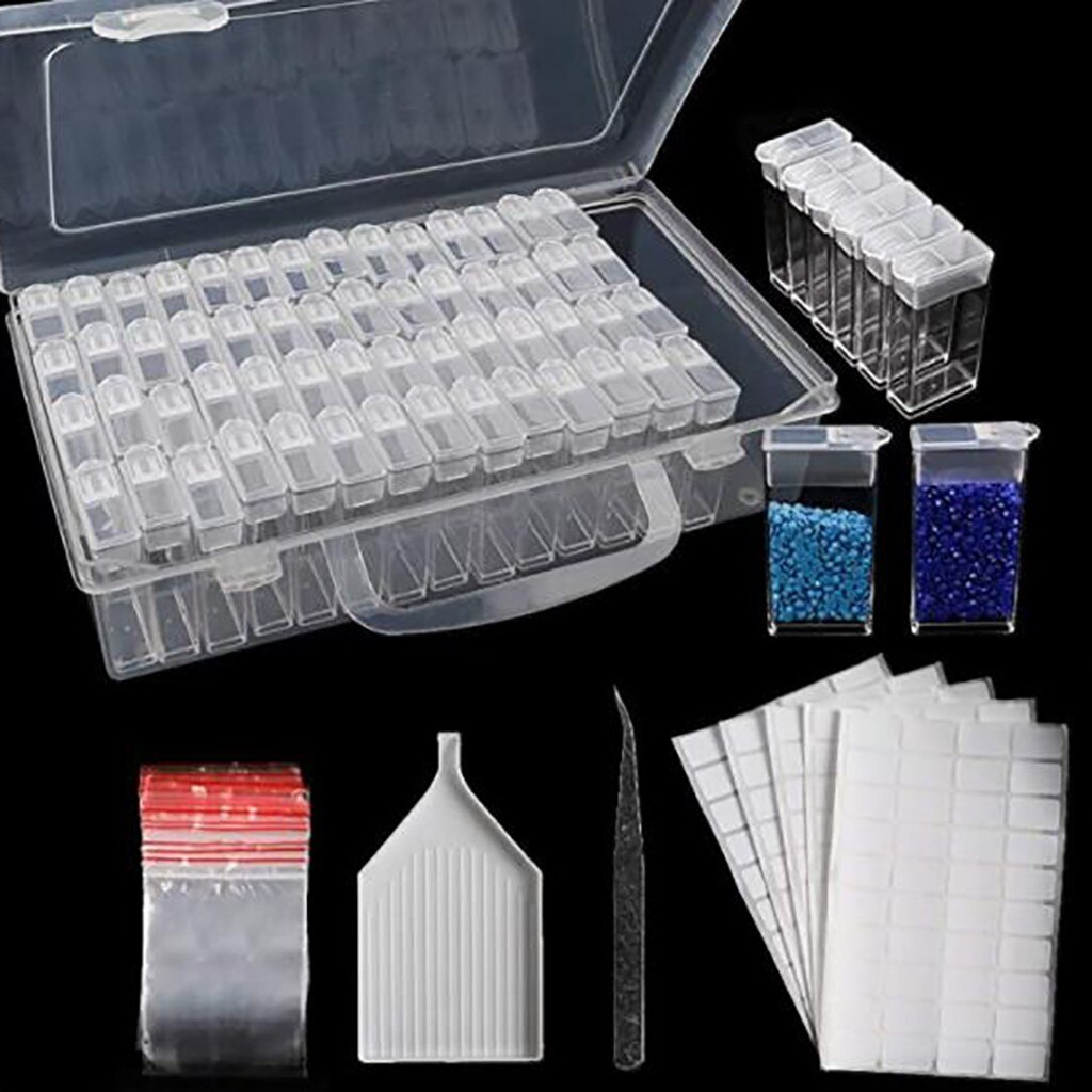 64 lattice Diamond classification box Painting Storage 5D Diamond Embroidery Sorting Box With Funnel Plate 200PC Sticker Tweezer