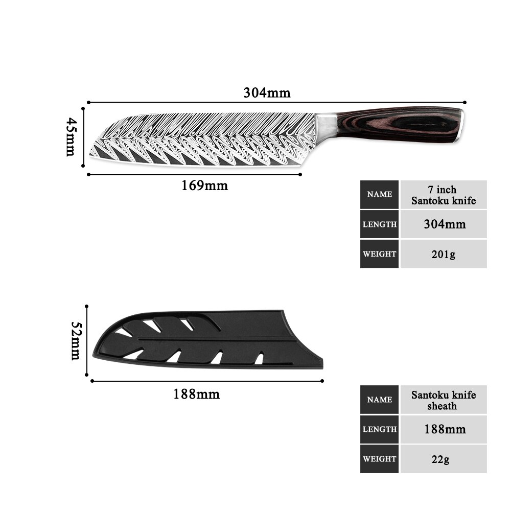 Sowoll 9PCS Kitchen Knives Set Stainless Steel Chef Slicing Bread Cleaver Santoku Utility Paring Knife Wall Knife Storage Tools: M 7 santoku knife