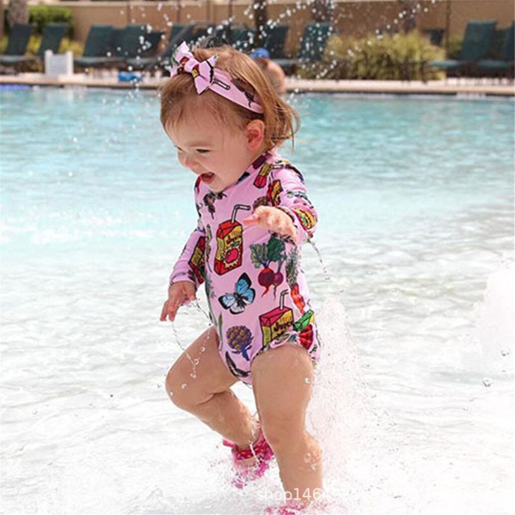 One-Piece Swimsuit for Girls Long Sleeve Multicolor Print With Headband Bikini Beachwear Cute Bathing Children's Swimsuit