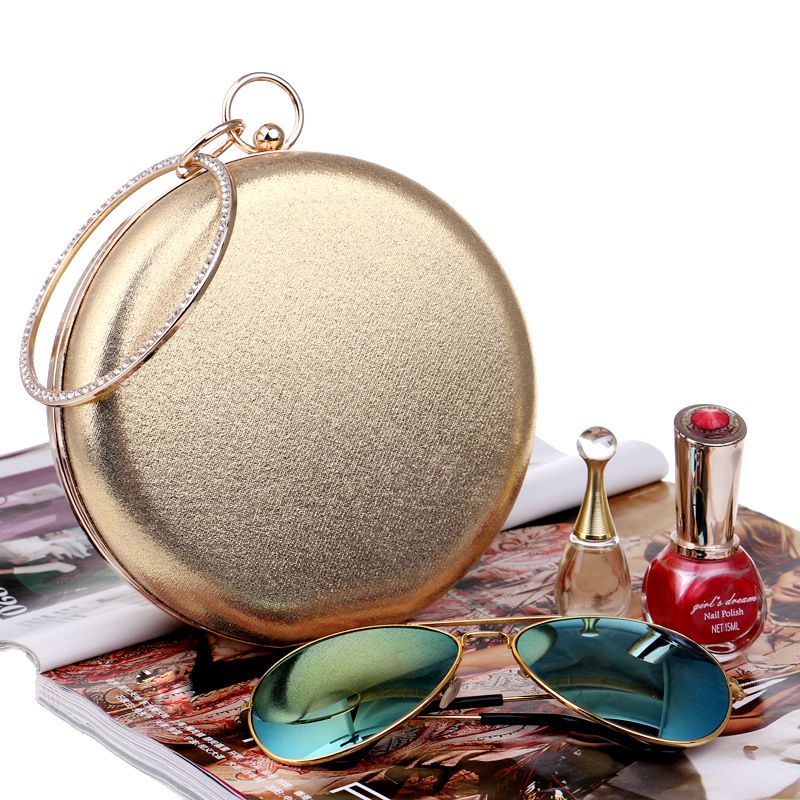 Round Shaped Women Evening Bags Diamonds Simple Clutches Chain Shoulder Bags Gold