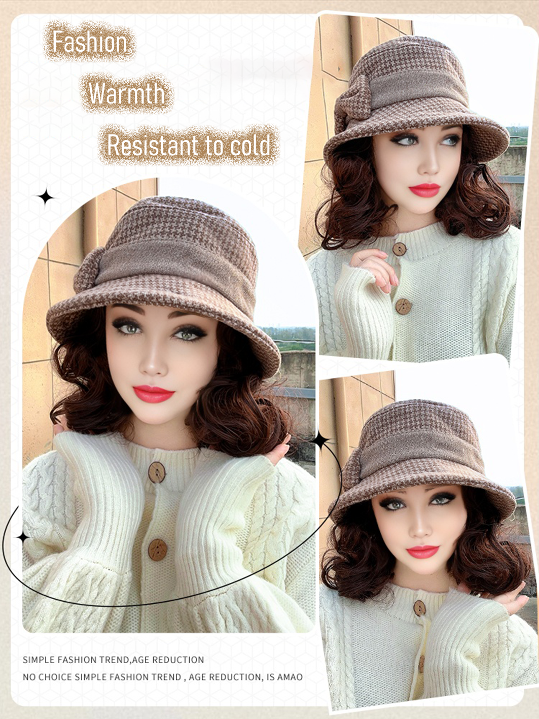 Synthetic 6inch plaid fisherman hat short curly hair wig brown princess curly roo cold warm horse roll Christmas