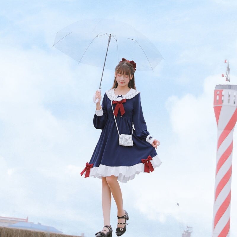 Vestido de estilo japonés para mujer, uniforme de manga larga con cuello de Sailor Jk, lazo dulce con volantes, Lolita