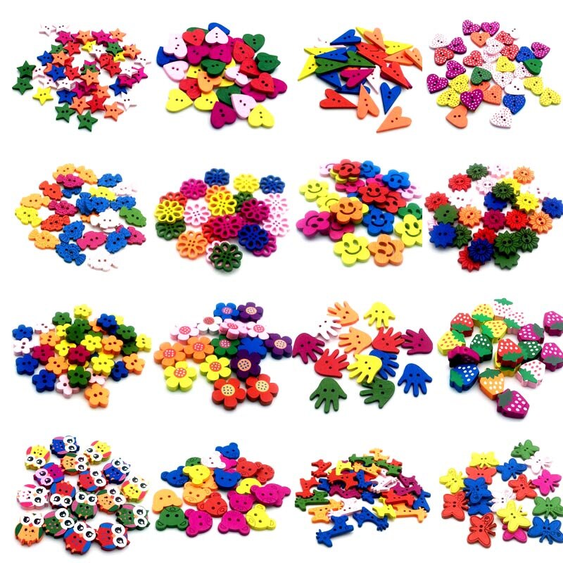 Vêtements de couture pour enfants, 50 pièces, 2/4 trous, boutons mixtes en bois, accessoires multicolores, forme mixte Animal/fleur, bricolage, Scrapbooking13-25mm