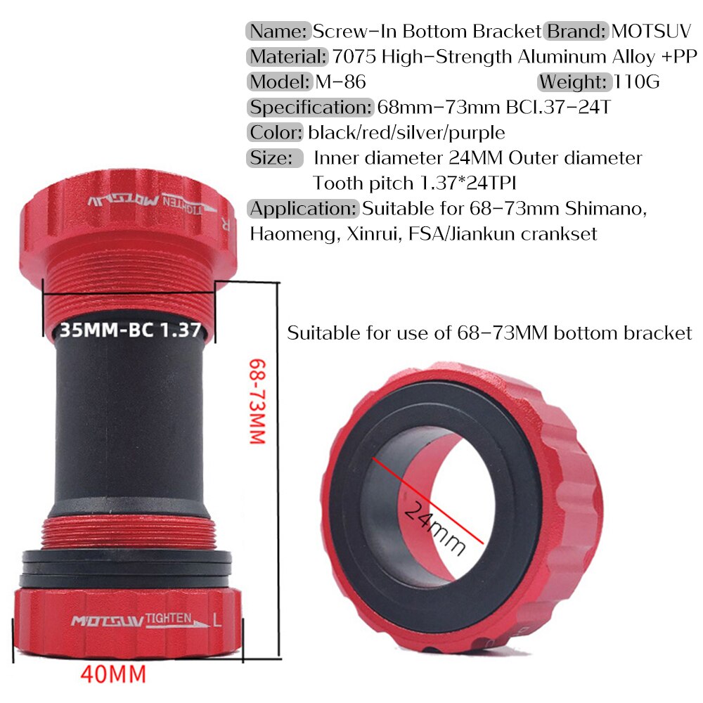 MOTSUV Bike Bottom bracket set Sealed Bearing Thread Type 68 73mm BSA68 BB91 Shell 24mm spline Axis MTB Road Bike Bottom bracket