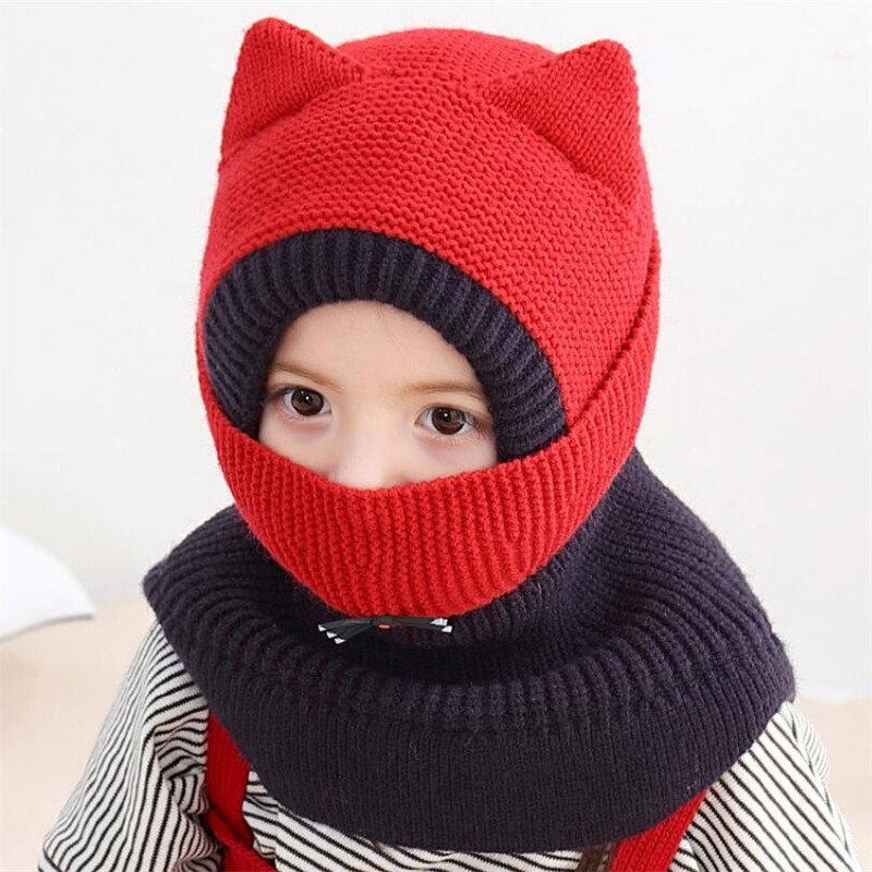 Knit Hooded Scarf Kids Hat And Scarf Child With Mask Winter Warm Protection Ear Cap Circulal Scarves Girls Boy Accessories