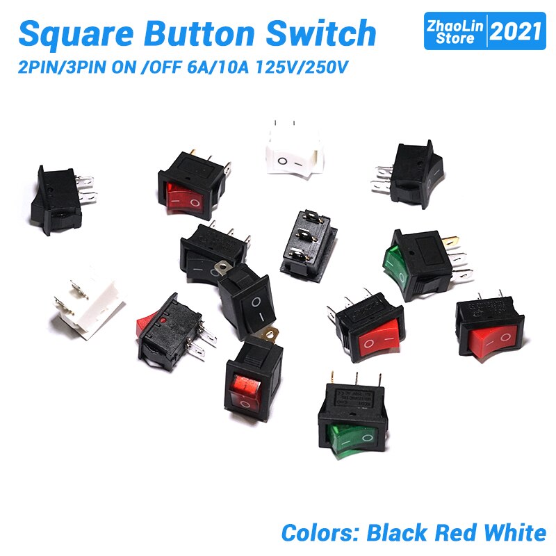 Square Button Switch For Boat Car Rocker Switch 2PIN/3PIN ON /OFF 6A/10A 125V/250V Black Red and White