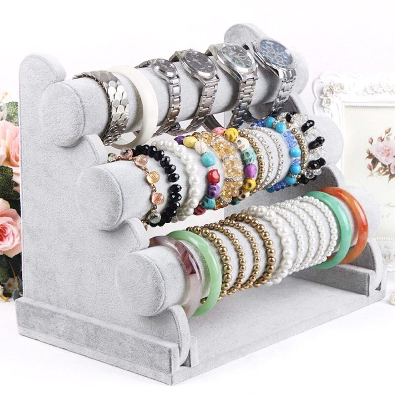 Triple Bracelet Holder Jewelry Display Stand Watch Bangle Bar Necklace Storage Organizer Gray