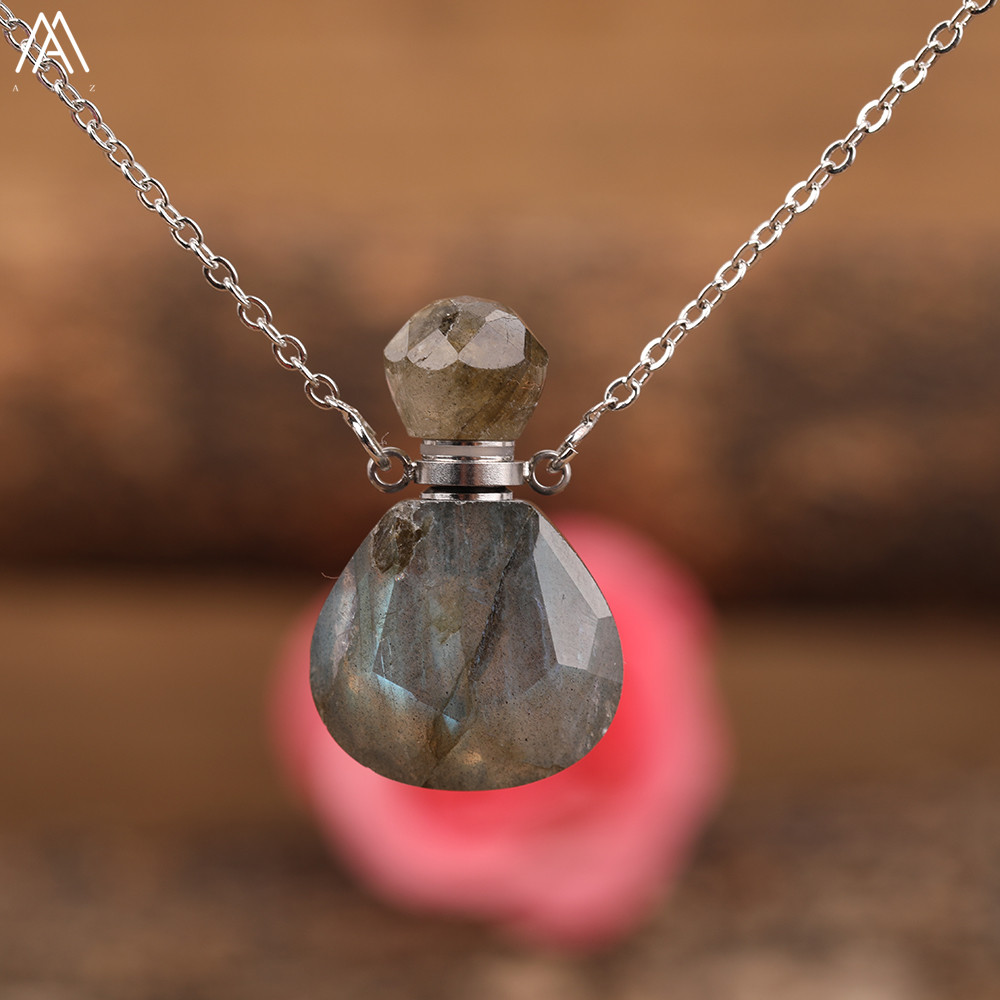 Arco-íris labradorite garrafa de óleo essencial perfume garrafa pingente colar moda feminina coração gem pedra jóias presente dropship: Chapeado em Cobre Antigo