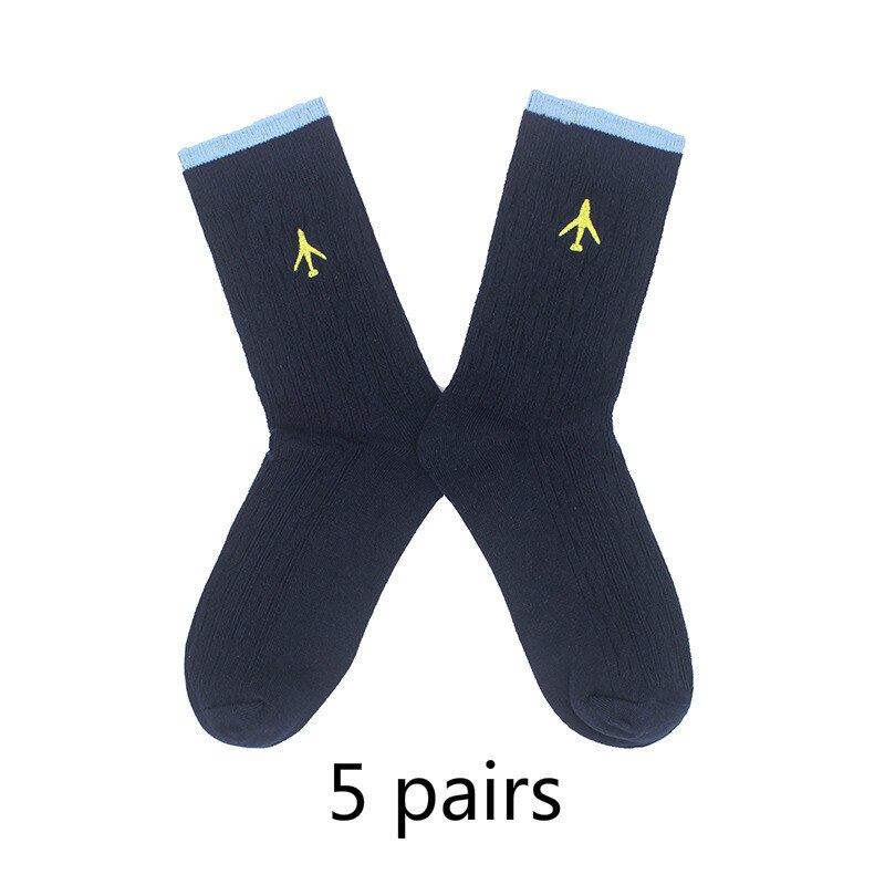 Embroidery Aircraft Airplane Women Men Business Dress Cotton Crew Socks Brand Novelty Funny White: 5 pairs navy blue