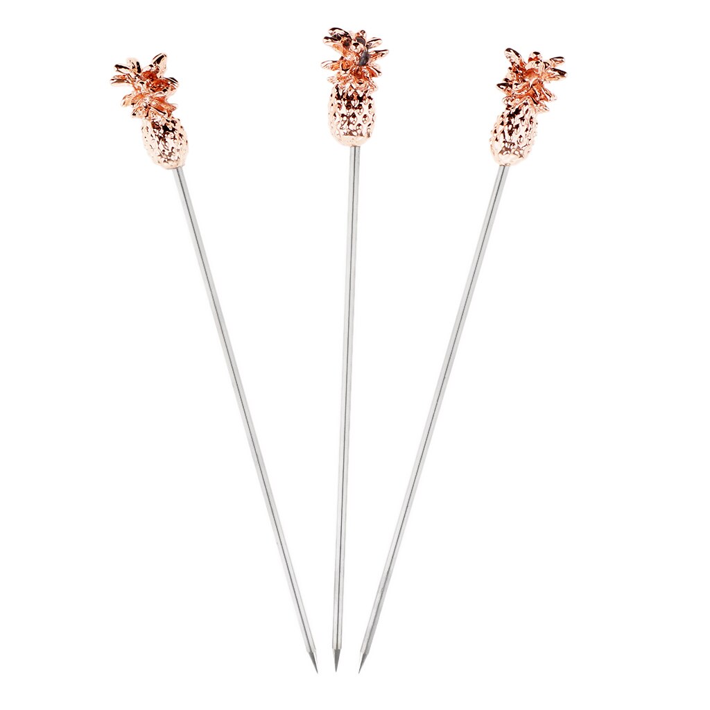 3PCS Stainless Steel Swizzle Sticks Fruit Pineapple Stick Cocktail Pick for Kitchen Bar Accessory Rose Gold