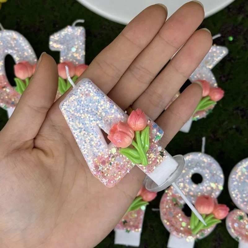 Pink Glitter Tulip Flower Candles for Birthday Party Anniversary Cake Decoration Atmosphere Decoration Photography Props