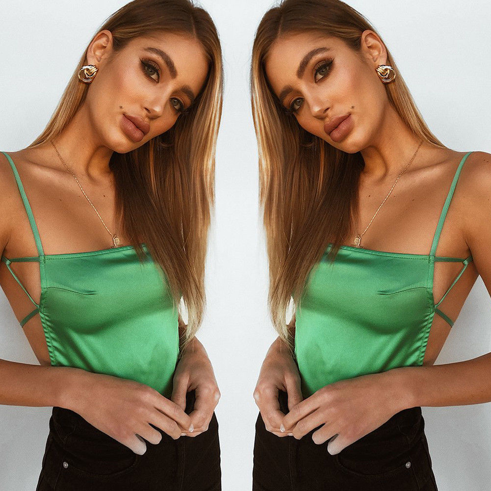 Zomer Sexy Hemden Vrouwen Dames Mouwloos Backless Open Back Slim Vest Effen Strappy Bandage Satijn Club Nachtkleding Crop Top: Green / L