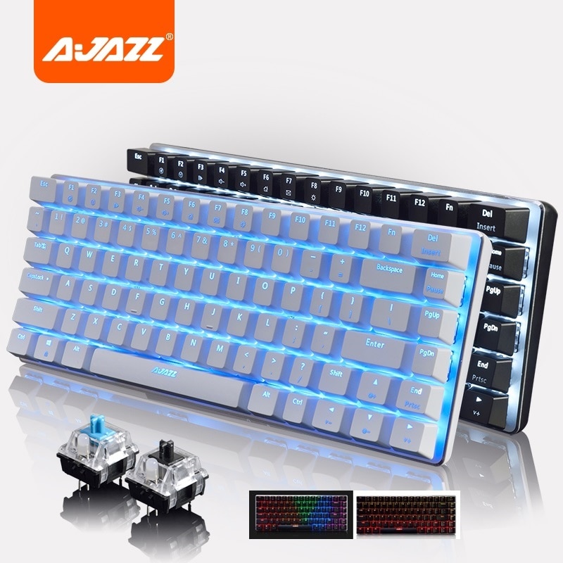 Ajazz AK33 82 clé alliage panneau USB filaire rétro-éclairage mécanique jeu clavier bleu/noir axe avec câble détachable