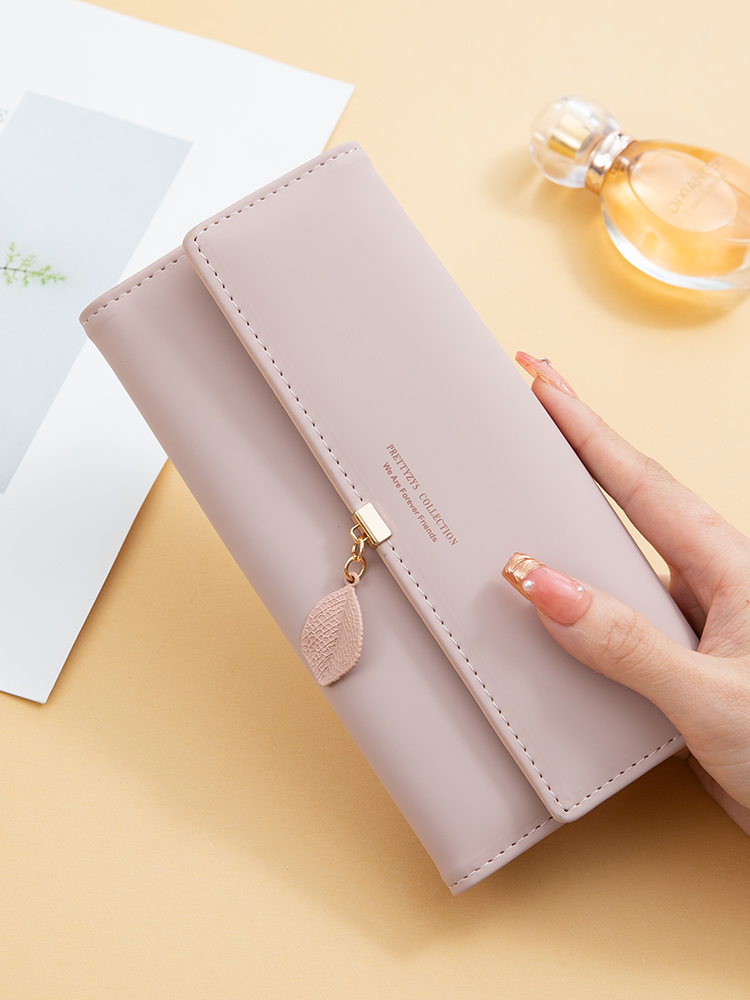 spring and summer women's PU leather Japanese and South Korea small fresh leaf pendant three fold bag large capa: Pink